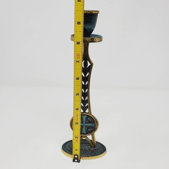 41. Vintage Holyland Jerusalem Brass Cross Candlesticks Holder Set of 2 - Picture 13 of 15